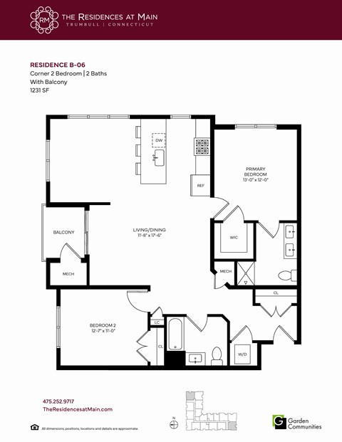 Floor plan for 2 beds, 2 baths, 1231 sqft